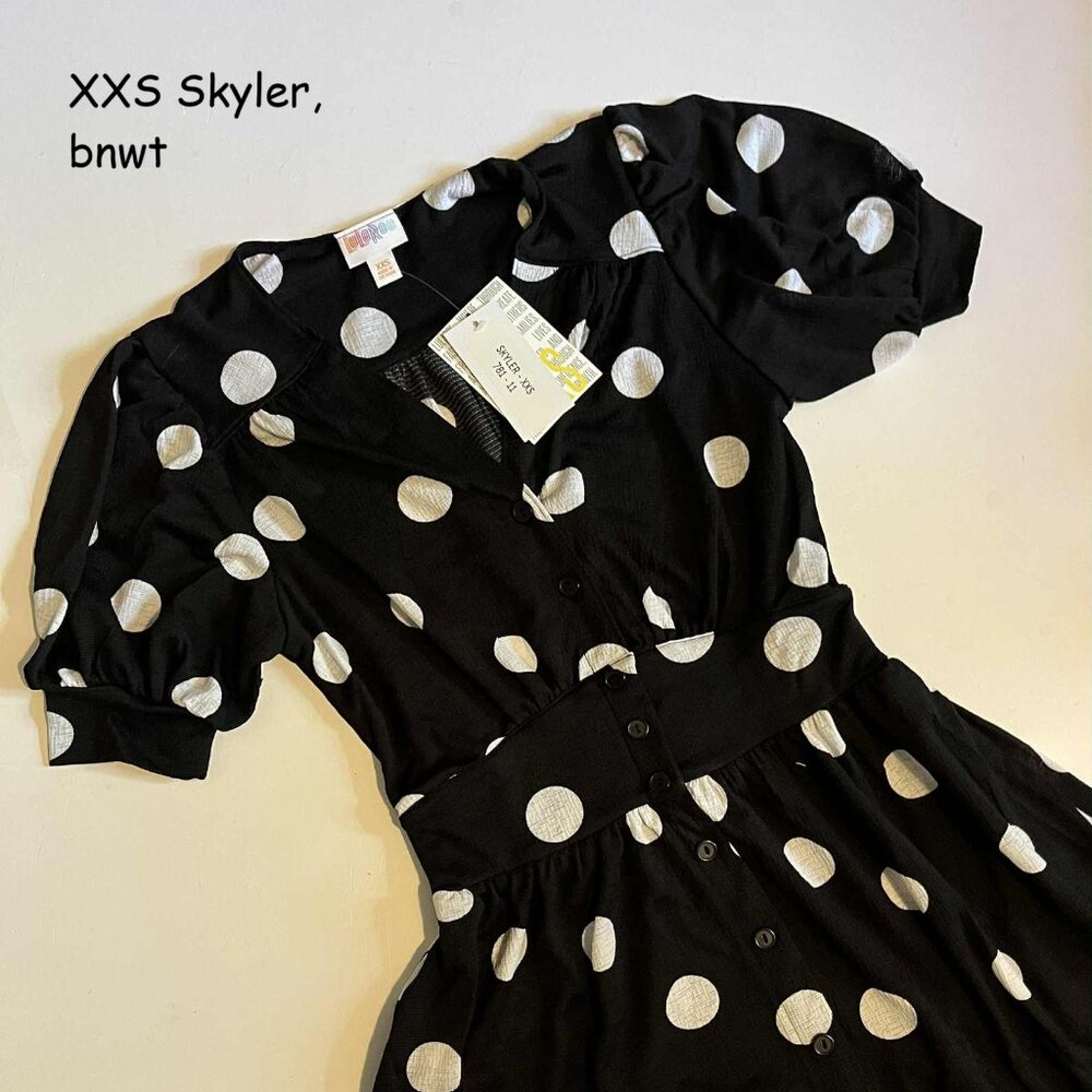 XXS Lularoe Skyler midi button front dress, black with white polka dots